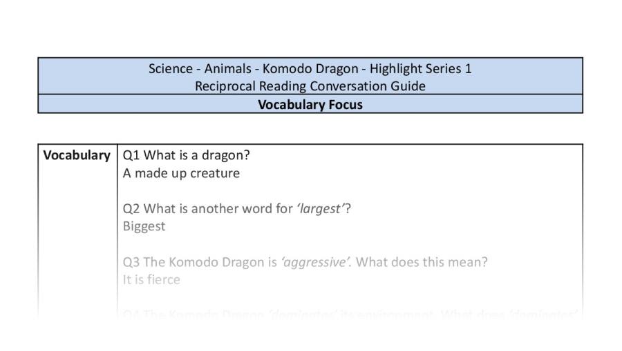 Reciprocal Reading Conversation - Komodo Dragon - Highlight Series 1 - Vocabulary Focus