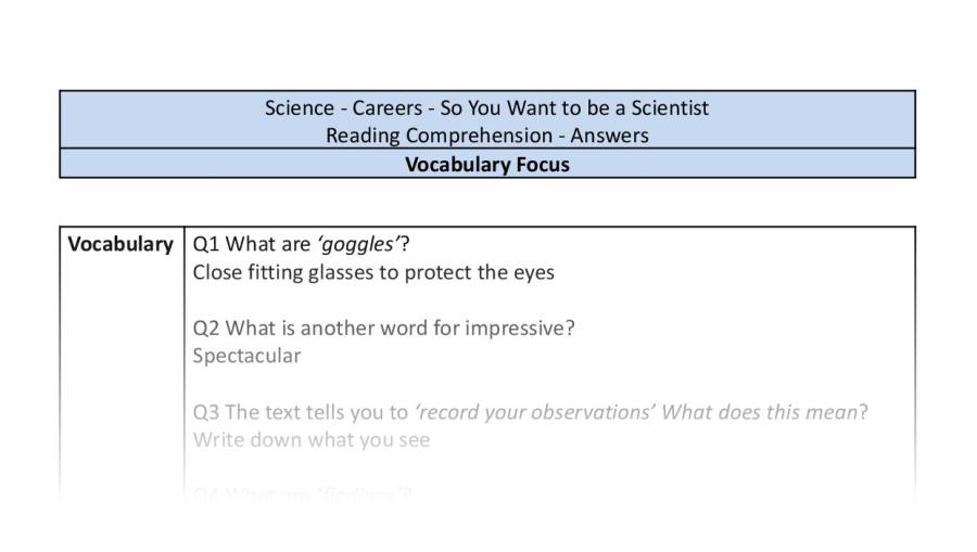 Reading Comprehension-So You Want to be a Scientist-Vocabulary Focus-answers