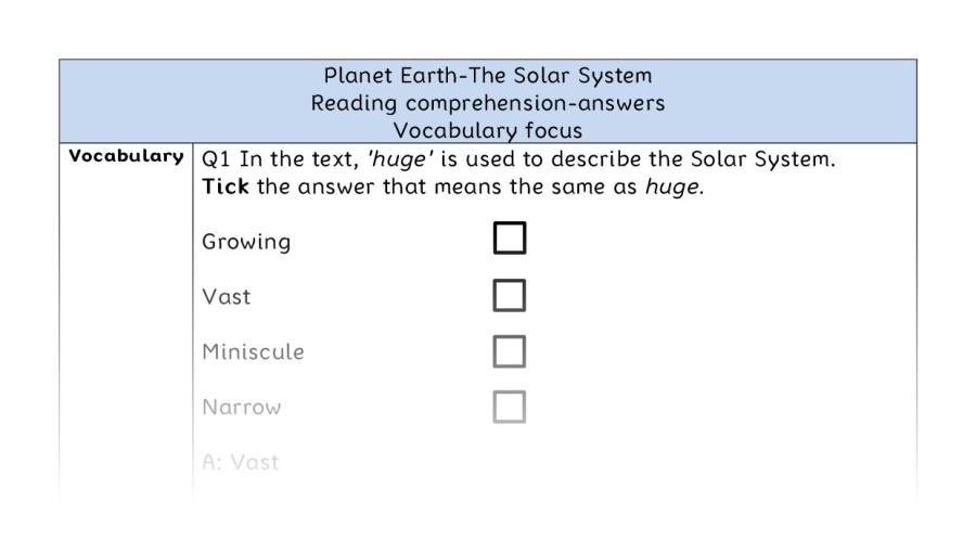 Reading comprehension - vocabulary - The Solar System - answers