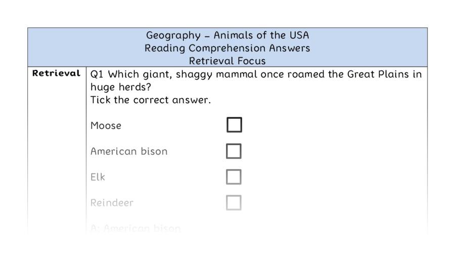 Animals of the USA - Reading Comprehension Answers - Retrieval Focus