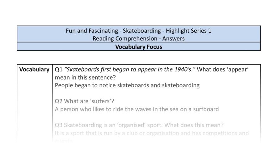 Reading Comprehension - Skateboarding - Highlight Series 1 - Vocabulary Focus