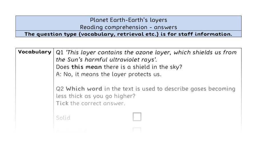 Reading comprehension VRSIPE - Planet Earth-Earths layers - answers