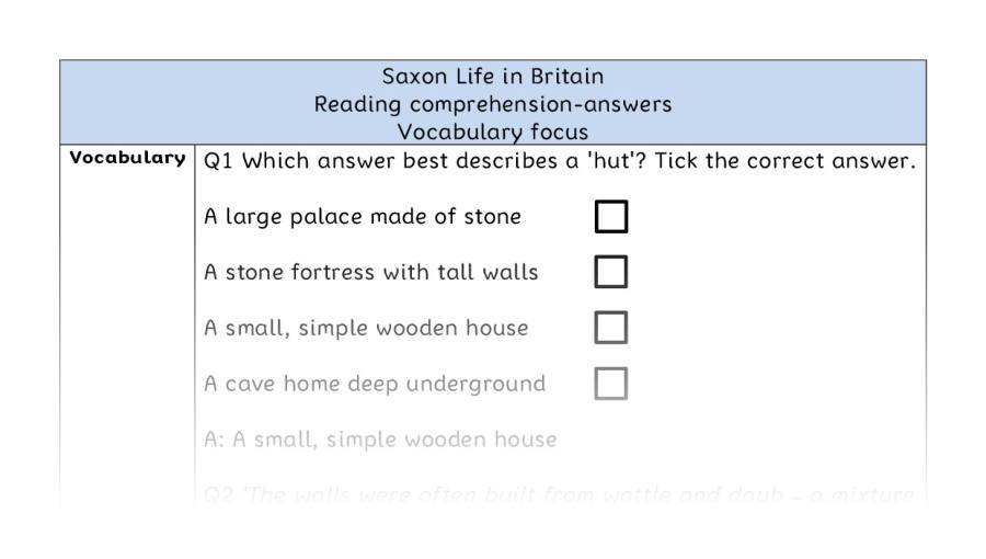 Reading comprehension - vocabulary - Saxon Life in Britain - answers