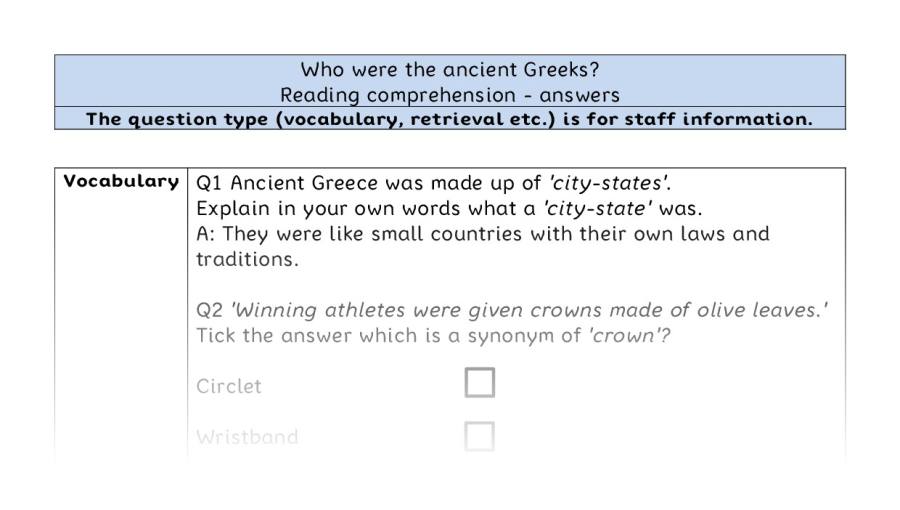 Reading comprehension - VRSIPE - Who were the ancient Greeks - answers