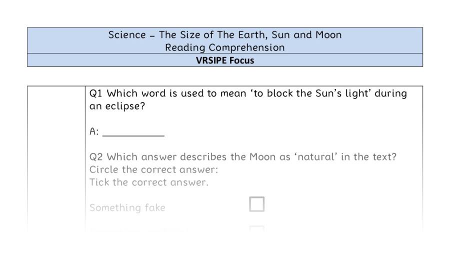 The Size of The Earth, Sun and Moon - Reading Comprehension - VRSIPE Focus