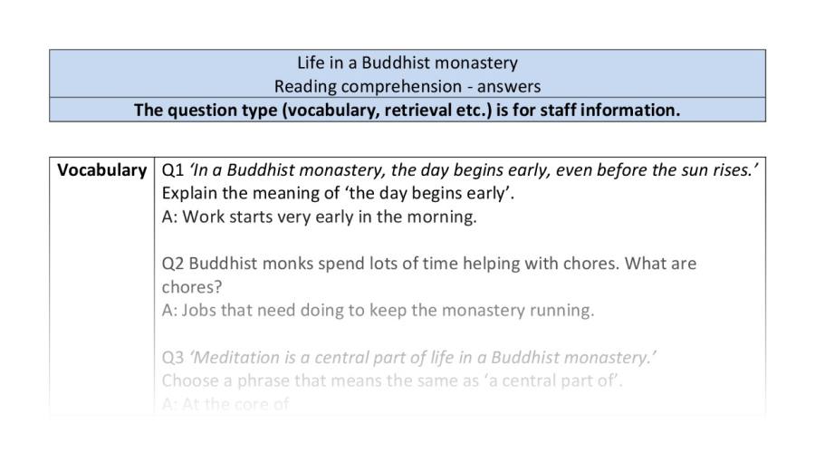 Reading comprehension-VRSIPE-Life in a Buddhist monastery