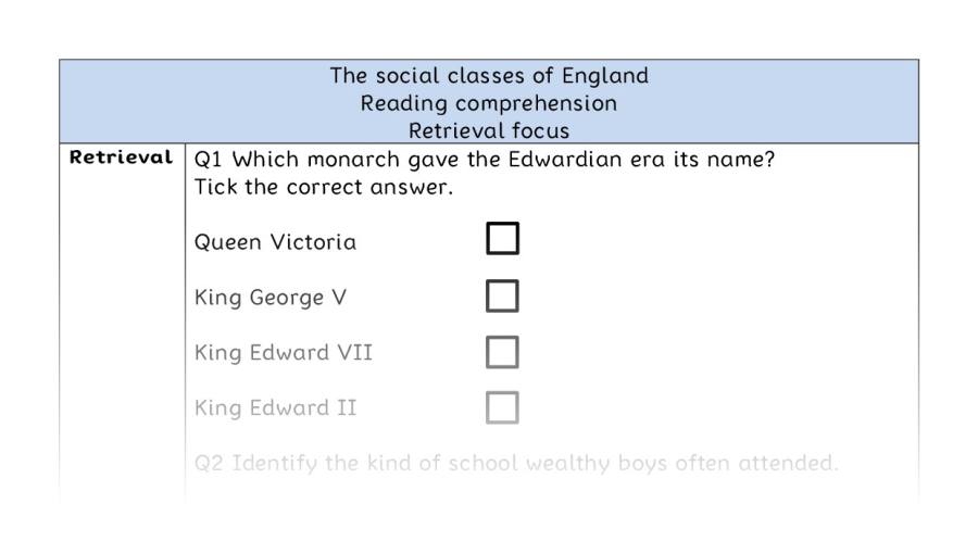 Reading comprehension - retrieval - The social classes of England