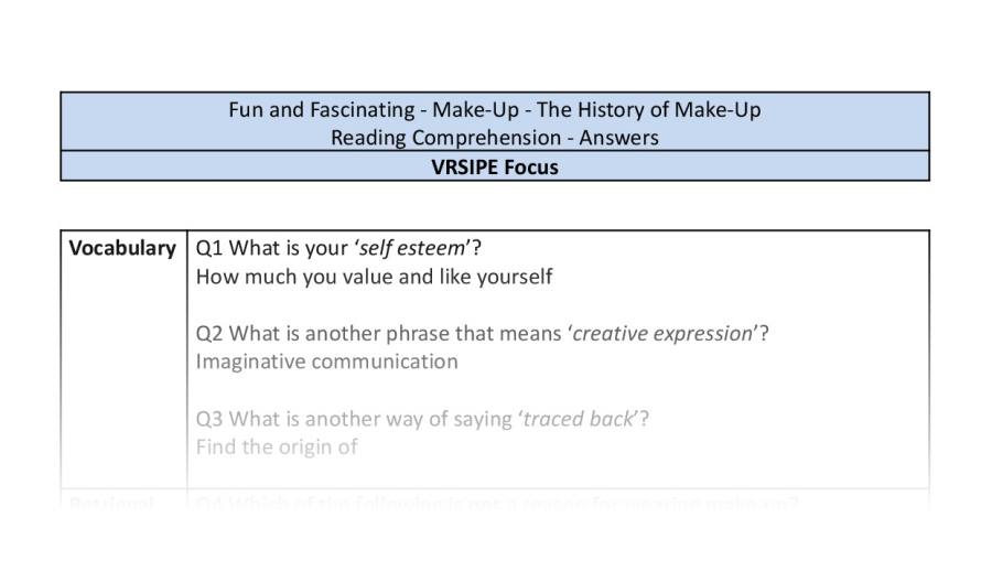 Reading Comprehension - The History of Make-Up - Highlight Series 2 - VRSIPE Focus