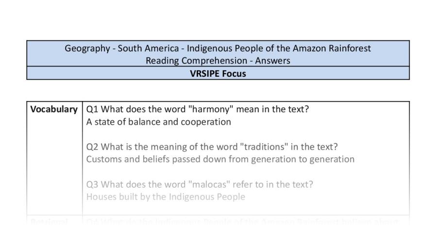 Reading Comprehension-Indigenous People of the Amazon Rainforest-VRSIPE-answers
