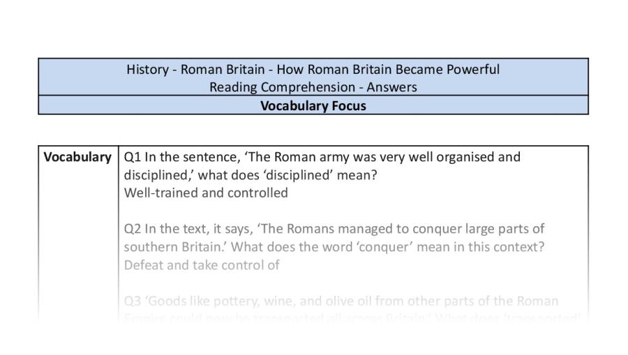 Reading Comprehension - How Roman Britain Became Powerful - Vocabulary Focus UKS2