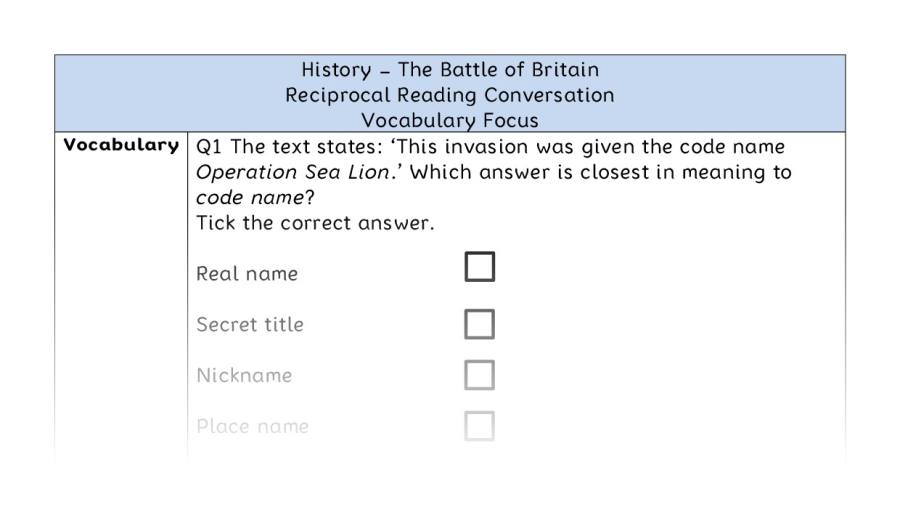 The Battle of Britain - Reciprocal Reading Conversation - Vocabulary Focus