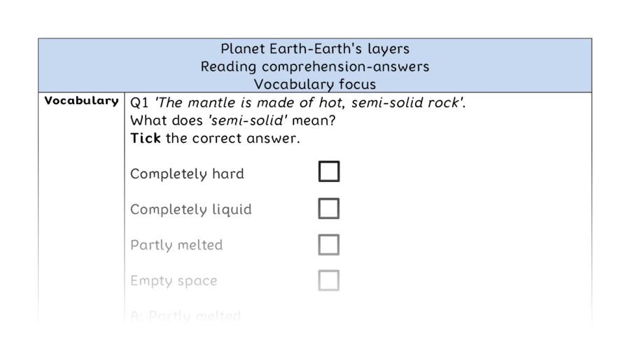 Reading comprehension - vocabulary - Planet Earth-Earths layers - answers