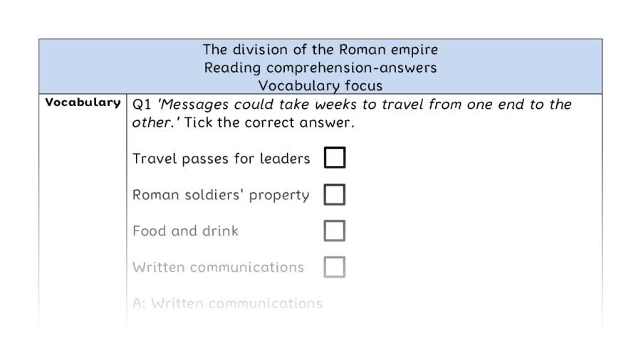 Reading comprehension - vocabulary - The division of the Roman empire - answers