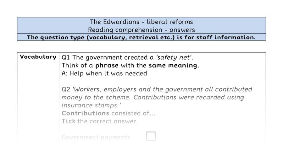 Reading comprehension - VRSIPE - The Edwardians - liberal reforms - answers