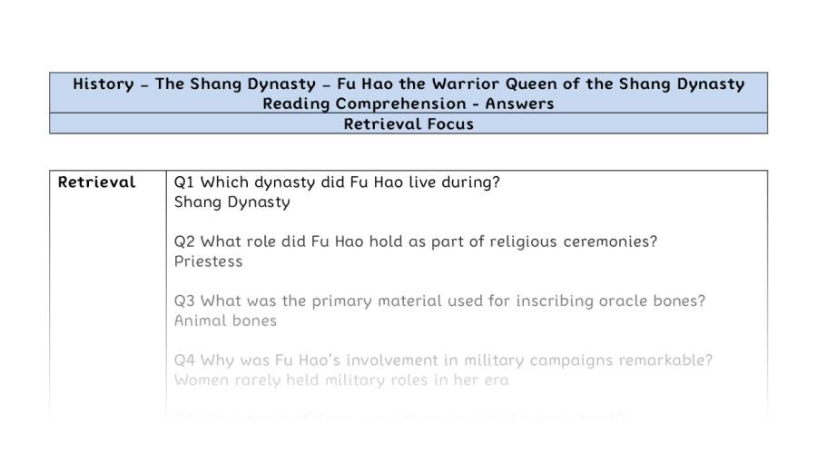 Reading Comprehension - Fu Hao the Warrior Queen of the Shang Dynasty - Retrieval Focus