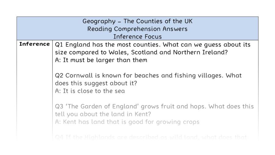 The Counties of the UK - Reading Comprehension Answers - Inference Focus