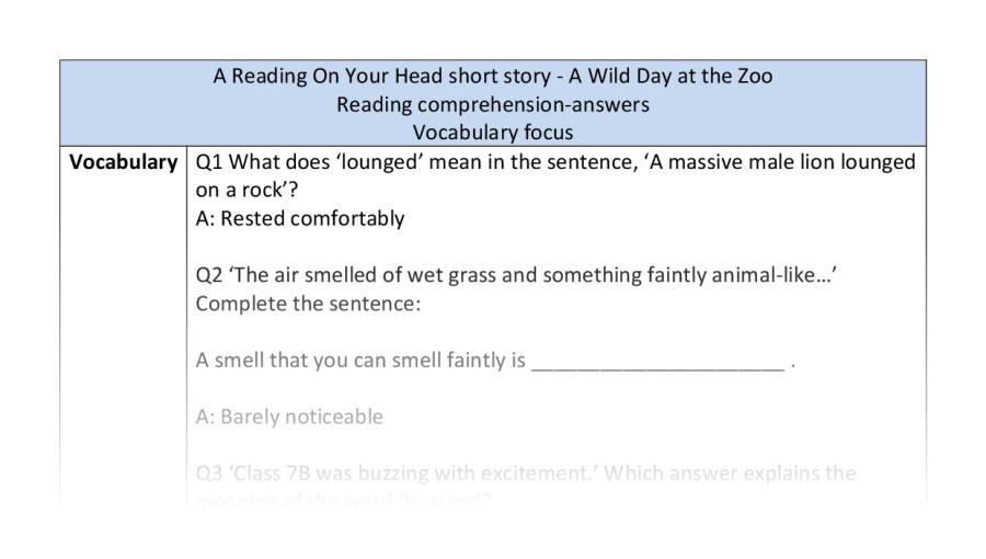 Reading comprehension - vocabulary - A Wild Day at the Zoo - answers
