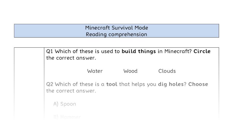 Reading comprehension -Minecraft Survival Mode-VRSIPE