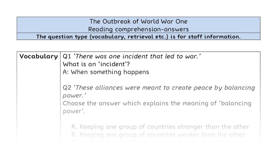Reading comprehension-VRSIPE-The Outbreak of World War One - answers