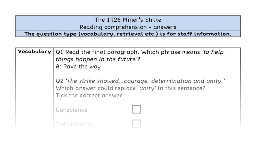 Reading comprehension - VRSIPE - The 1926 Miners Strike - answers