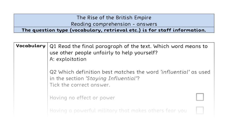 Reading comprehension - VRSIPE - The Rise of the British Empire - answers