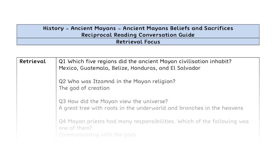 Reciprocal Reading Conversation - Ancient Mayan Beliefs and Sacrifices - Retrieval Focus