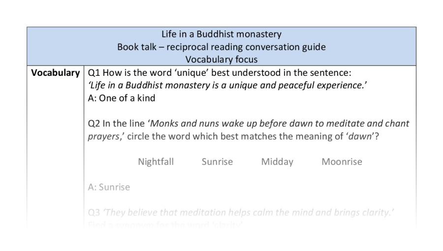 Reciprocal reading - vocabulary - Life in a Buddhist monastery