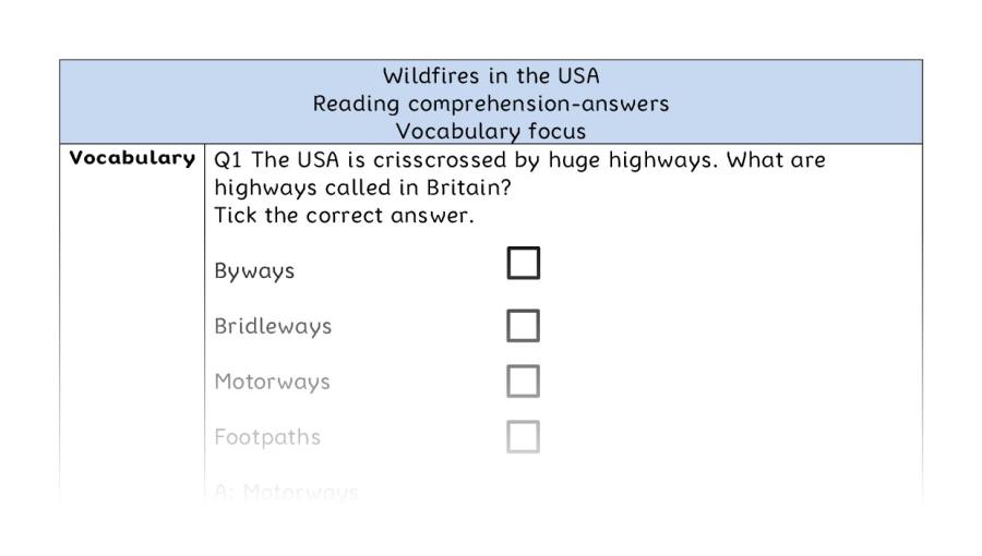 Reading comprehension - vocabulary - Wildfires in the USA - answers