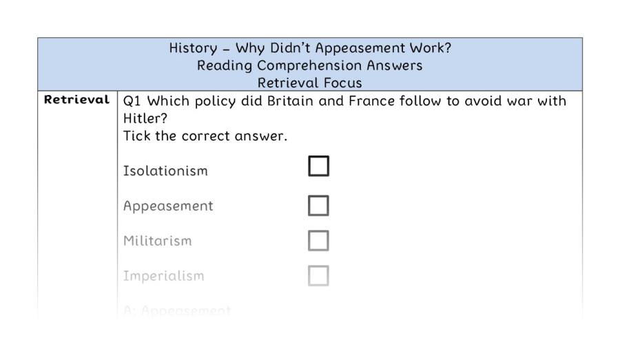 Why Didnt Appeasement Work - Reading Comprehension Answers - Retrieval Focus