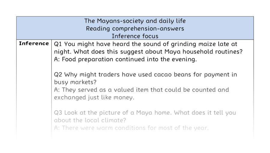 Reading comprehension - inference - The Mayans-society and daily life - answers