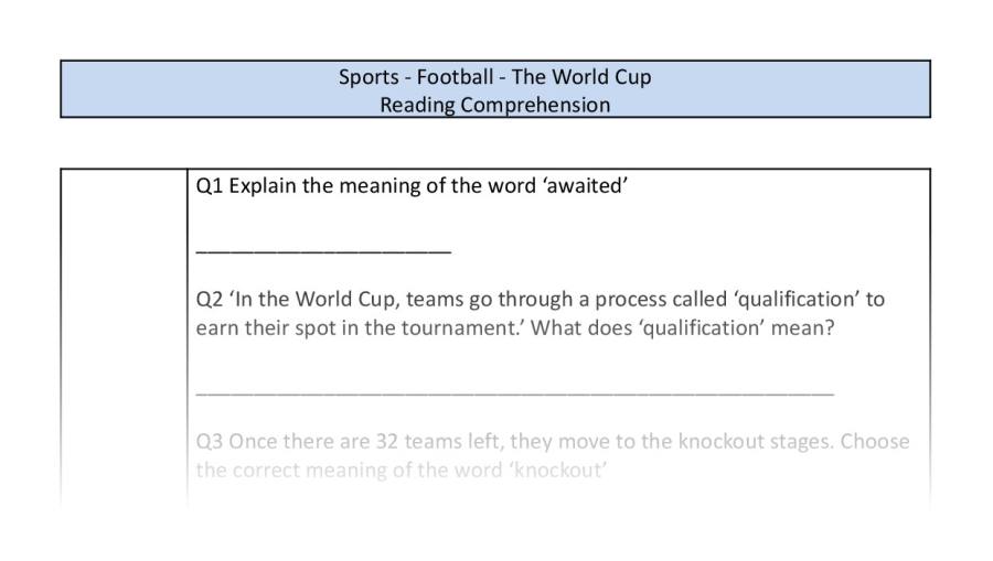 Reading Comprehension - The World Cup - Vocabulary Focus