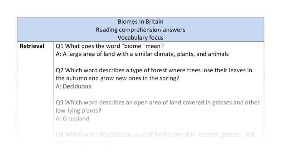 Reading comprehension - vocabulary - biomes in Britain