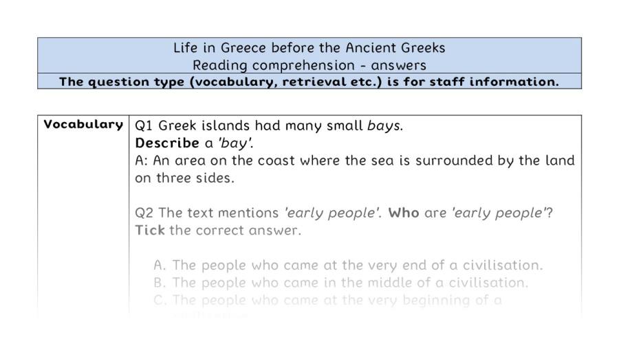 Reading comprehension - VRSIPE - Life in Greece before the Ancient Greeks - answers