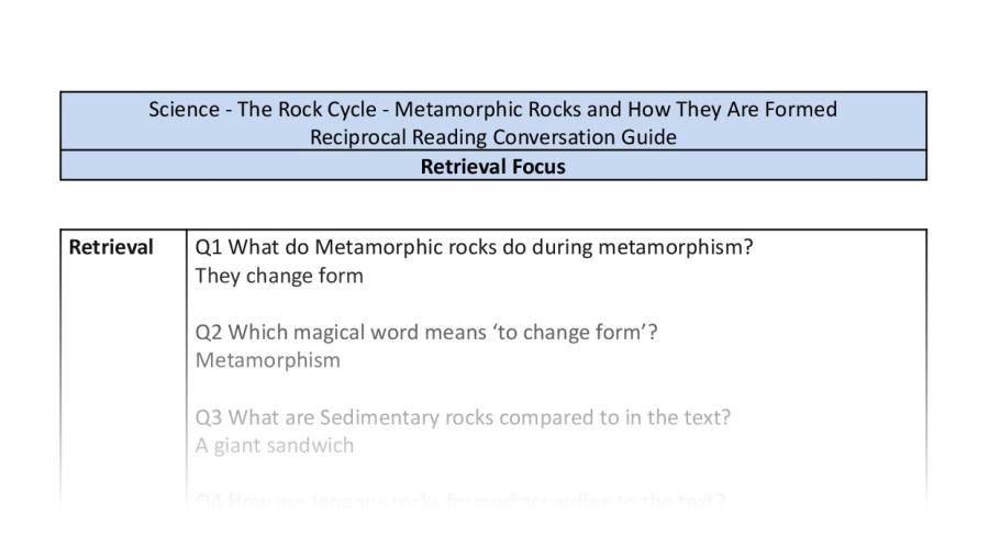 Reciprocal Reading Conversation - Metamorphic Rocks and How They Are Formed - Retrieval Focus