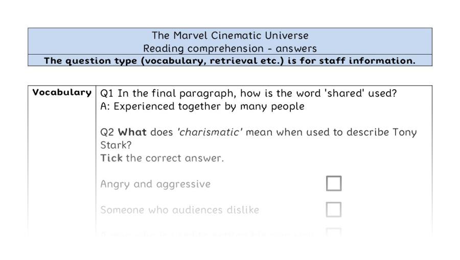 Reading comprehension - VRSIPE - The Marvel Cinematic Universe - answers