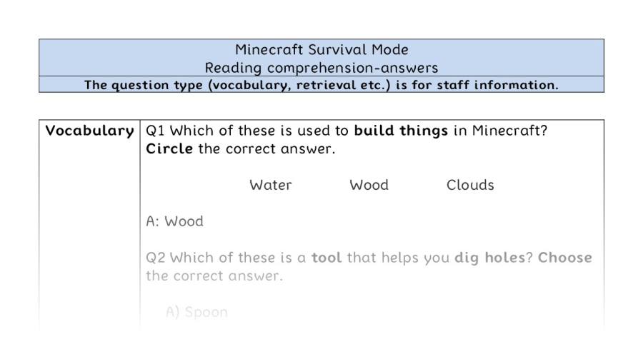 Reading comprehension -Minecraft Survival Mode-VRSIPE - answers