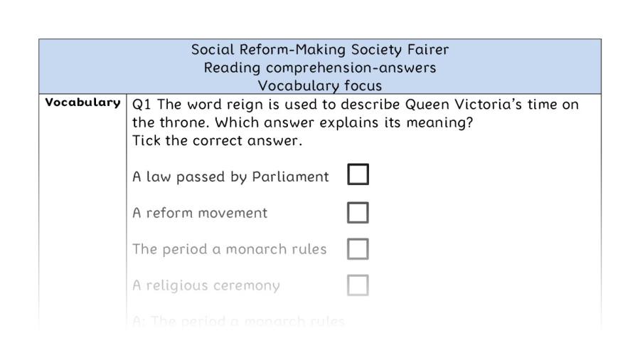 Reading comprehension - vocabulary - Social Reform-Making Society Fairer - answers