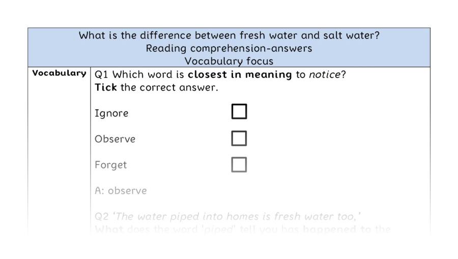 Reading comp - vocabulary - difference fresh and salt water - answers