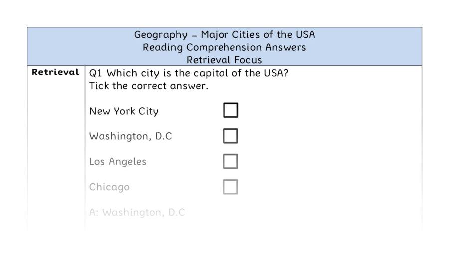 Major Cities of the USA - Reading Comprehension Answers - Retrieval Focus