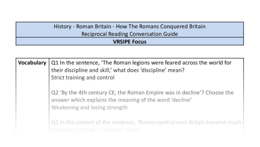 Reciprocal Reading Conversation - How The Romans Conquered Britain - VRSIPE Focus