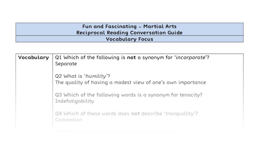 Reciprocal Reading Conversation - Martial Arts - Year 7 - Vocabulary Focus