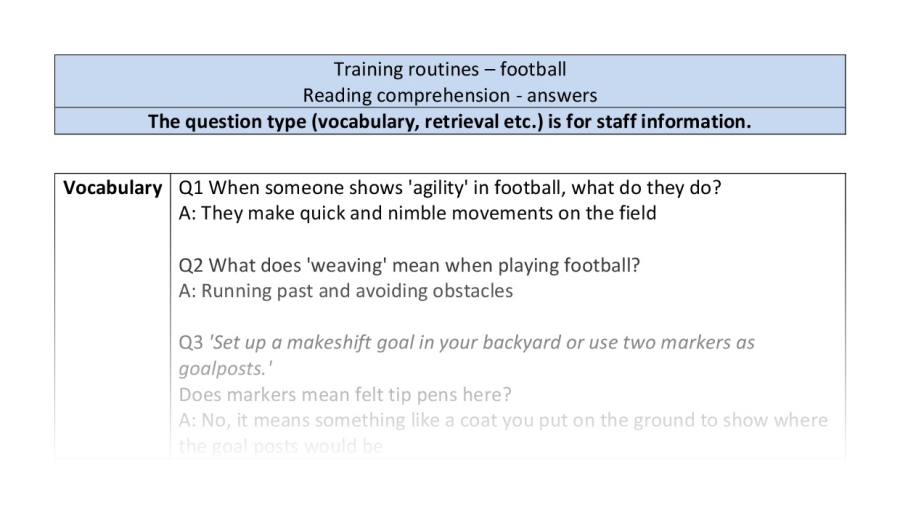 Reading comprehension - VRSIPE - Training routines - football