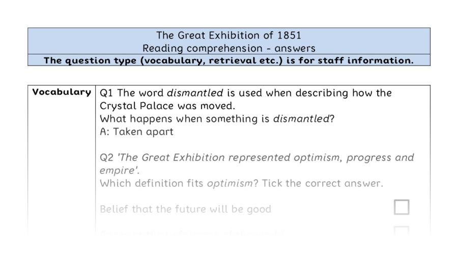 Reading comprehension - VRSIPE - The Great Exhibition of 1851 - answers