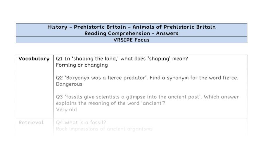 Reading Comprehension - Animals of Prehistoric Britain - VRSIPE Focus