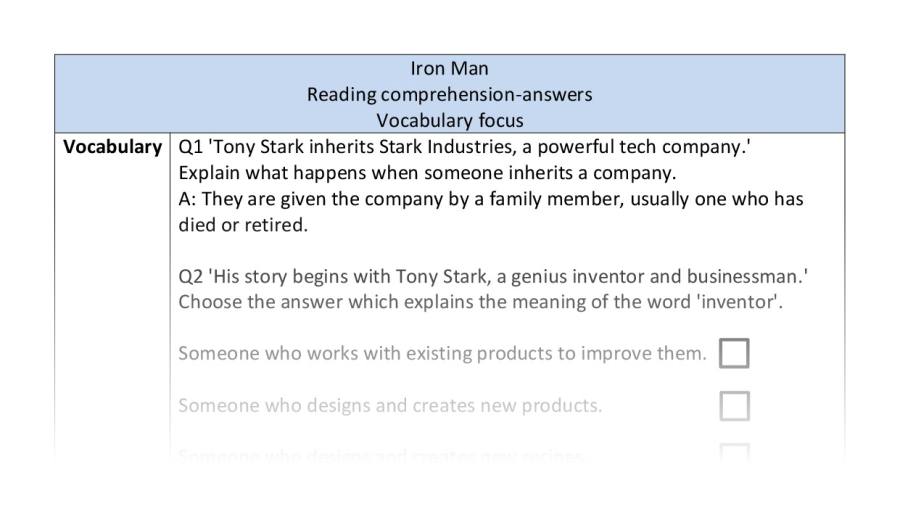 Reading comprehension - vocabulary - Iron Man-answers