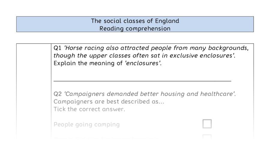 Reading comprehension - VRSIPE - The social classes of England