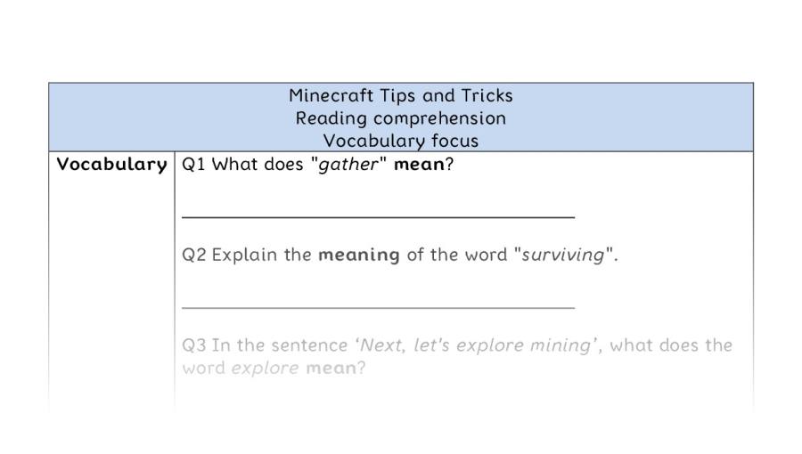 Reading comprehension-Minecraft Tips and Tricks-vocabulary