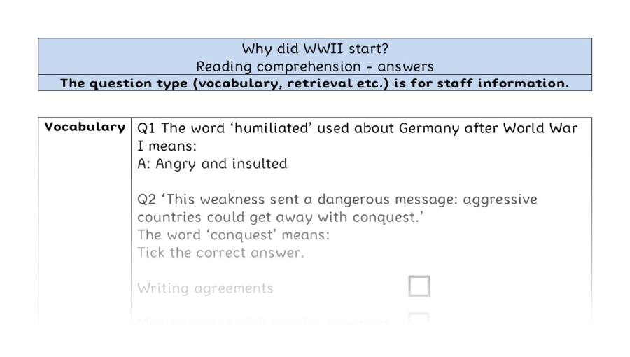 Reading comprehension - VRSIPE - Why did WWII begin - answer