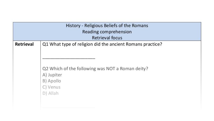 Reading comprehension - retrieval - Roman religious beliefs