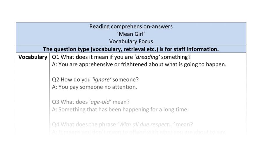 Reading comprehension-Mean Girl-vocabulary-answers